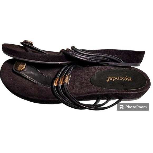 Bjorndal Black Leather Sandals Size 8 Gold Hardware - Picture 3 of 7